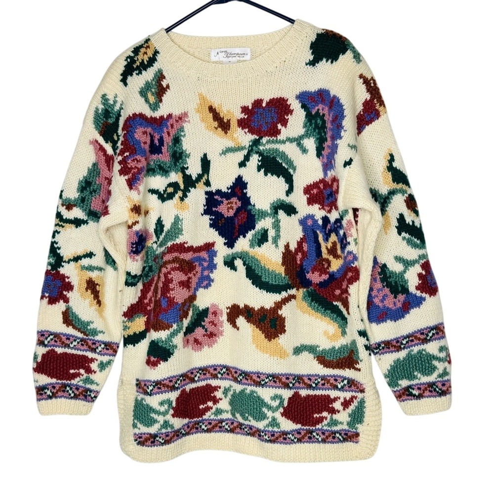 Vintage Norm Thompson Floral Wool Sweater Heavy Knit Sz M Cottagecore‎ Grandma